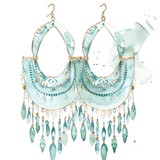 A watercolor painting of a pair of earrings. The earrings are made of gold and turquoise and have a unique design.