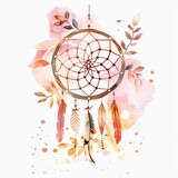 A beautiful watercolor painting of a dreamcatcher with feathers and flowers