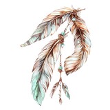 A watercolor painting of three feathers. The feathers are decorated with beads and leather. The painting has a boho-chic style.