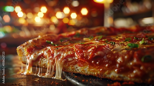 A side view of a generously topped pizza slice, showcasing the layers of gooey cheese and vibrant tomato sauce, set against a warm