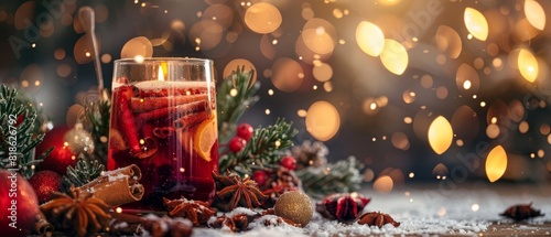 A glass of mulled wine with spices and fruits on a wooden table. There are also some fairy lights in the background. photo