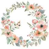 A beautiful watercolor painting of a wreath of peach and pink flowers with green leaves.