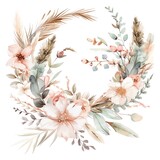 Create a watercolor painting of a floral wreath with a bohemian flair