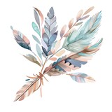 A beautiful watercolor painting of a bouquet of feathers. The feathers are in various shades of blue, green, and pink. The bouquet is tied together with a piece of string.