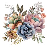 An illustration of a bouquet of succulents. The succulents are mostly green, with some pink and purple flowers. The bouquet is tied together with a piece of twine.