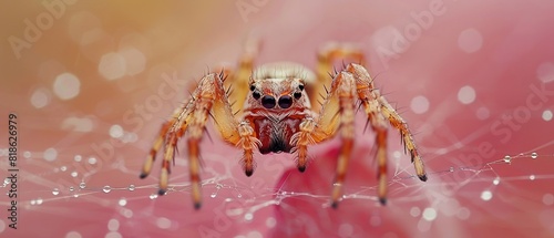 A small brown spider sits on a web with a gradient pink and yellow background.