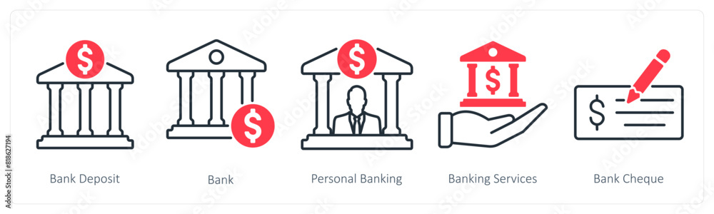 A set of 5 Banking icons as bank deposit, bank, personal banking A set of 5 Banking icons as bank deposit, bank, personal banking
