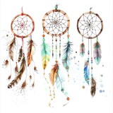 A beautiful watercolor painting of three dreamcatchers