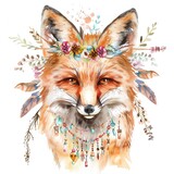 A beautiful watercolor painting of a fox wearing a flower crown and feather necklace. The fox is looking at the viewer with its big, round eyes.
