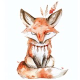 Create a watercolor painting of a cute cartoon fox sitting down with its eyes closed. The fox should be wearing a necklace with feathers and beads. The background should be white.