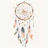 A beautiful watercolor painting of a dreamcatcher with feathers and beads
