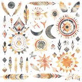 A collection of hand-painted watercolor elements. Feathers, arrows, suns, moons, and stars in warm colors with a boho vibe.