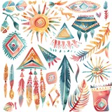 A collection of hand-painted watercolor elements. The set includes feathers, arrows, dreamcatchers, and other Native American-inspired elements.