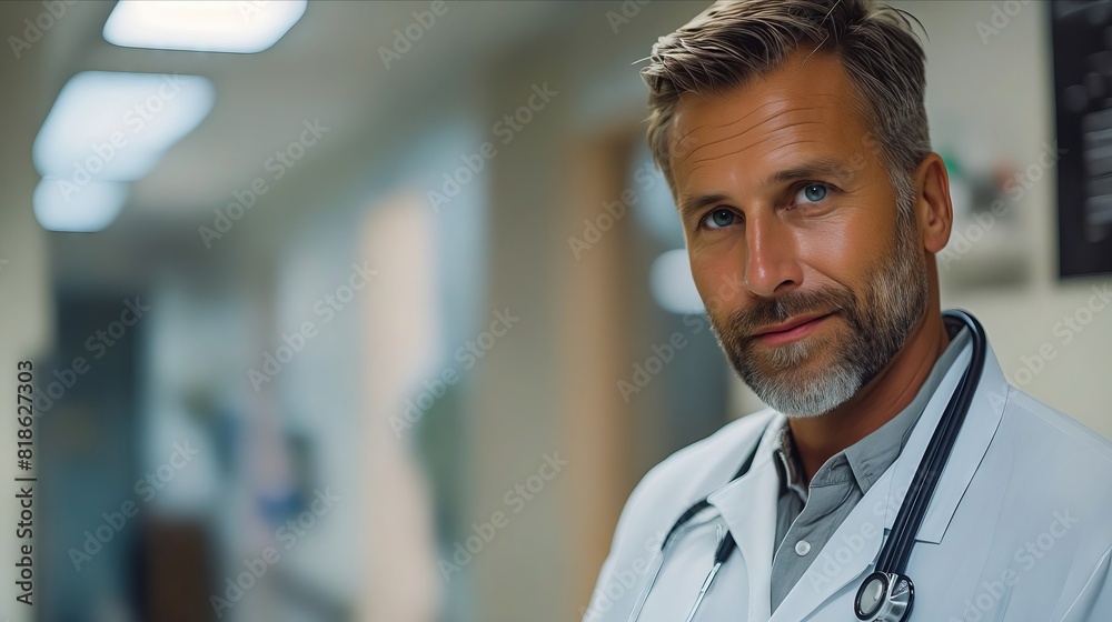 A man in a white coat standing in s hospital hallway.