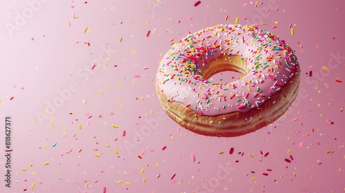 A single round donut levitating in mid-air, covered in sprinkles, with a serene solid color background providing ample copy space