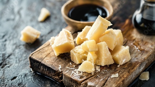 Chunks of Parmesan Cheese on Aged Wooden Board with Balsamic Vinegar