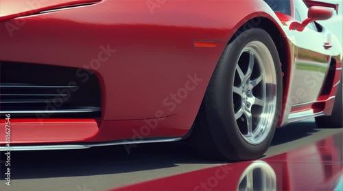 The car is driving down a road with a city in the background. The car is the main focus of the image, and it is a high-performance vehicle.