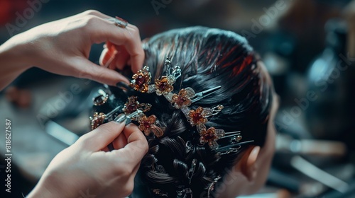Professional Hair Stylist Adjusting Intricate Floral Hairpiece in Salon photo