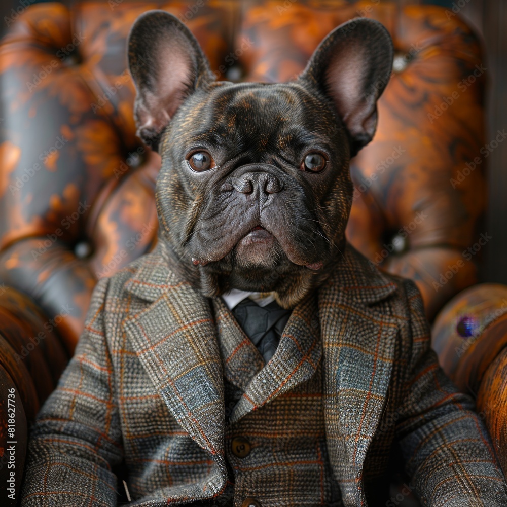 Sophisticated French Bulldog in Formal Attire Decorating Wall for Stylish Pet Party Invitation. Handsome, Smiling Canine Portrait with Copyspace for Custom Text.