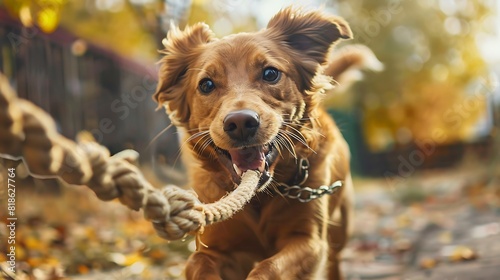 Dog fetches rope toy and playing outdoors photo