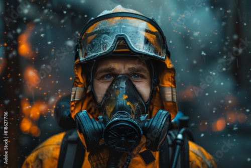 Firefighter in protective gear with breathing mask and helmet amidst falling debris and smoke in an emergency rescue operation
