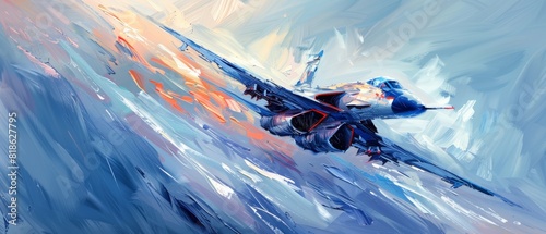 Dynamic painting of a jet fighter in flight, with bold brush strokes creating a sense of speed and motion against a blue backdrop. photo
