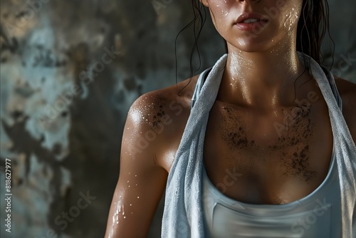 A woman in a white tank top with wet hair.
