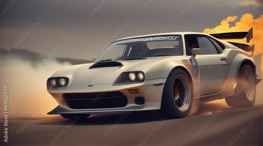 Car drifting on asphalt racing track with lot of smoke. Beautiful sport car in fire.