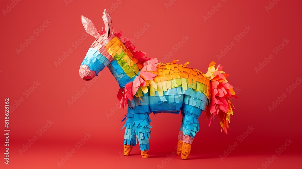 donkey paper pinata isolated on red background donkey paper pinata isolated on red background