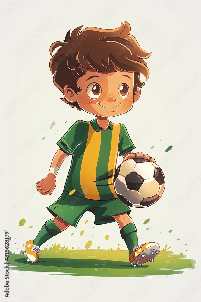 Cartoon boy holding a soccer ball, dressed in a green and yellow ...