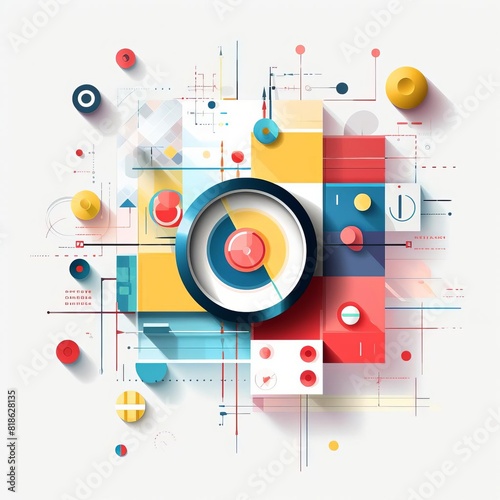 Abstract geometric shapes in vibrant colors, showcasing modern design with circles, squares, and lines on a white background.