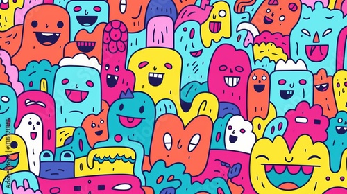 Colorful abstract doodle art featuring a variety of quirky characters with playful expressions in a seamless pattern background.