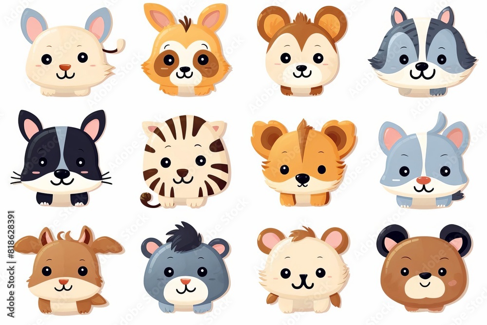 Cute cartoon animal faces in a grid layout, featuring various animals like cats, dogs, tigers, and bears, ideal for children's designs.