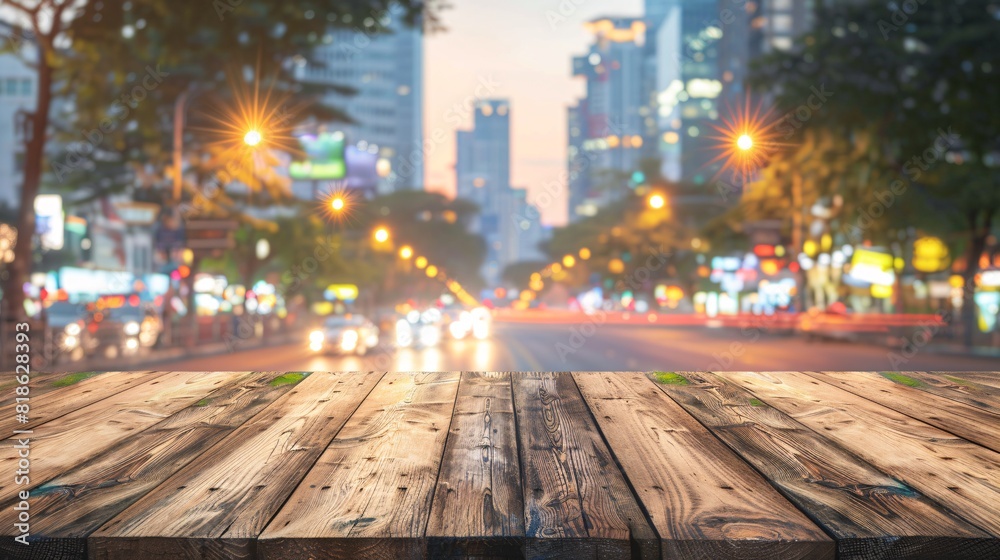 Blank wooden table with blurred cityscape backdrop, ideal for showcasing advertisements and with a picturesque urban street scene. Blank wooden table with blurred cityscape backdrop, ideal for showcasing advertisements and with a picturesque urban street scene.