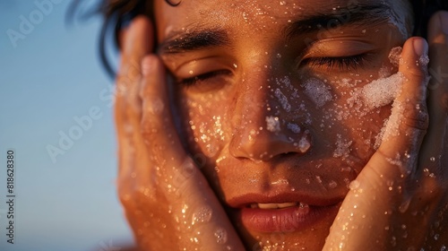 male using a natural sugar scrub on his face  showing an exfoliating routine that helps achieve a bright and smooth skin texture