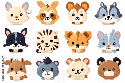 Cute cartoon animal faces in a grid layout  featuring various animals like cats  dogs  tigers  and bears  ideal for children s designs.