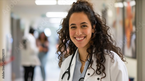 A smiling female doctor in a hospital hallway. photo
