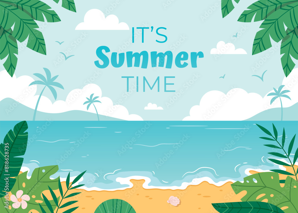 Vector cartoon ocean sand beach background.Summertime background with blue sky and ocean, white puffy clouds and green palms.