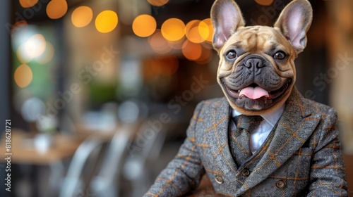 Sophisticated French Bulldog in Formal Attire Decorating Wall for Stylish Pet Party Invitation. Handsome, Smiling Canine Portrait with Copyspace for Custom Text. photo