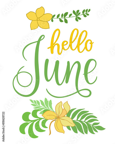 Handwritten, hello june, lettering message. June welcome quote with color leaves . Modern lettering. Hello June design for cards, banners, posters.	