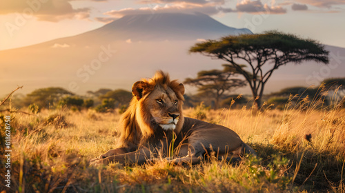  lion lying in the middle of a grassy plain at sunset photo