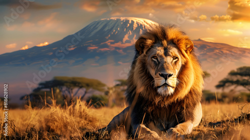  lion lying in the middle of a grassy plain at sunset