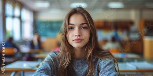 Young woman, headshot and workstation in secondary education setting for financial aid, scholarly pursuits or enrolled individual. Lady, countenance and academic institution