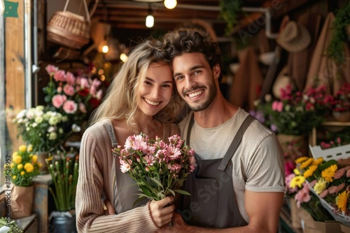 Young Caucasian Couple Runs Successful Flower Shop Together © Yuliia