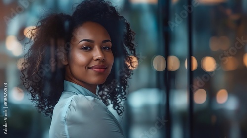 A beautiful woman with curly hair standing in front of a glass window.