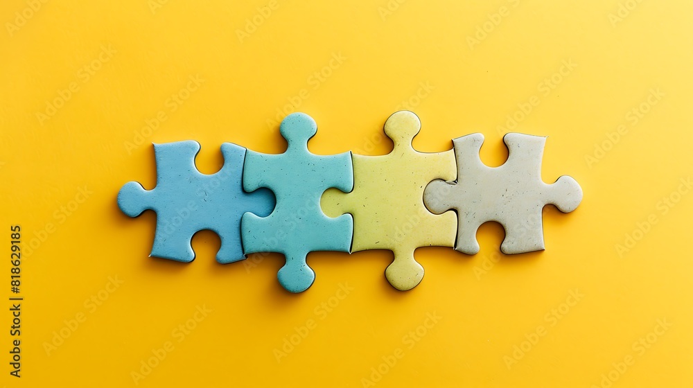 Fototapeta premium Four jigsaw pieces on yellow background