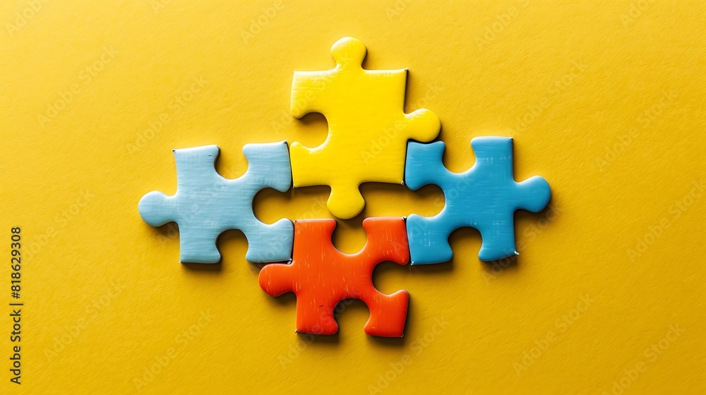 Fototapeta premium Four jigsaw pieces on yellow background