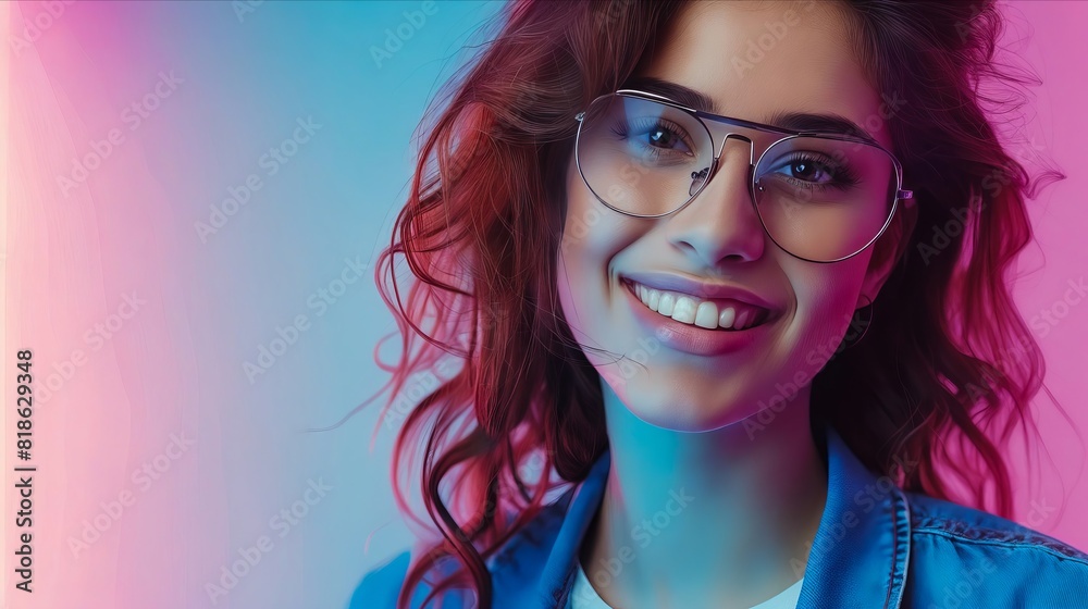A woman with glasses smiling in front of a colorful background.