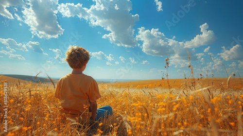 A clear sky and a meadow with a young boy, representing the harmony between nature and childhood, symbolizing Children's Day on June 1. photo