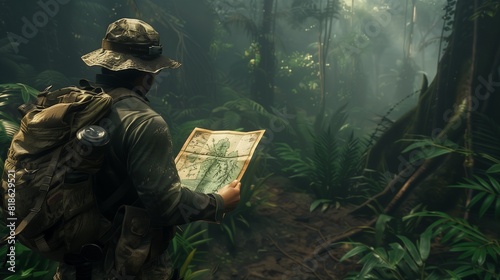 A hunter carefully studying a map, plotting their course through the dense jungle with precision and expertise.
